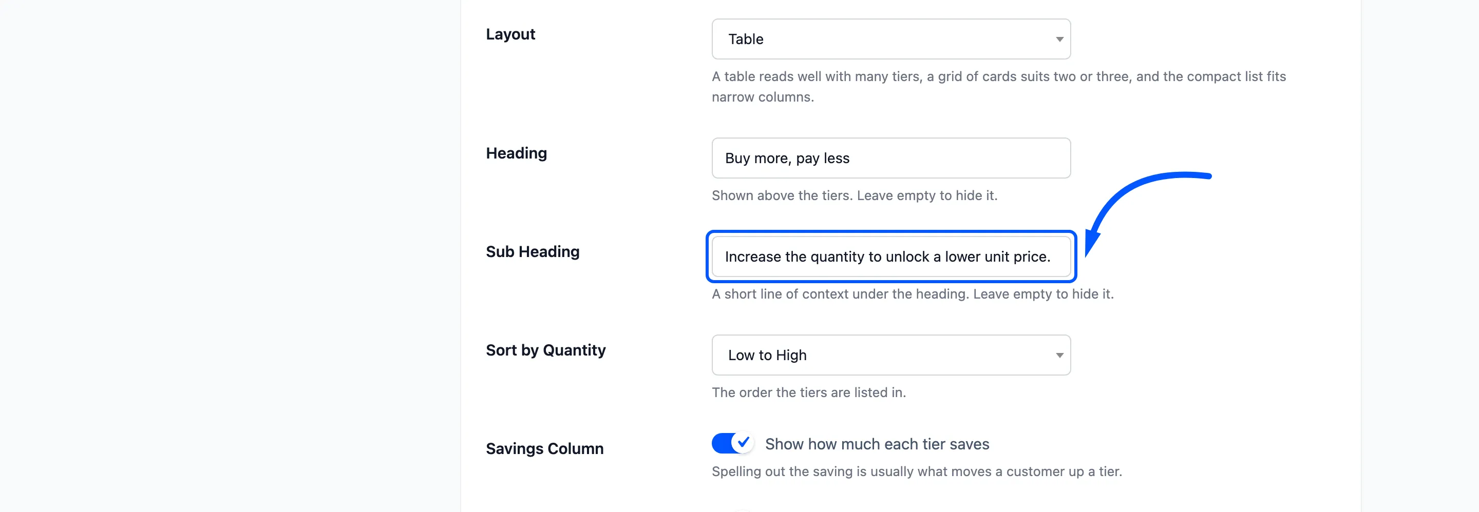 The Sub Heading field boxed in the Pricing Table section