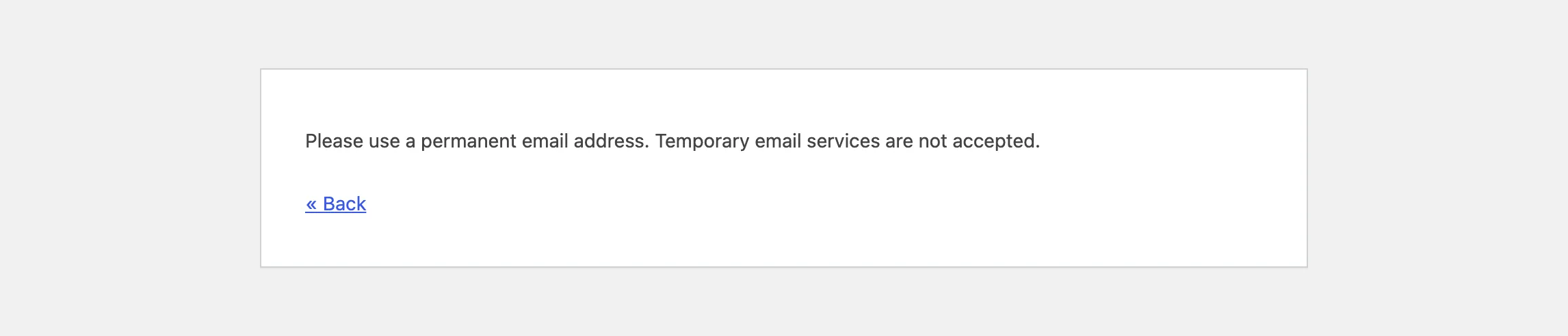 WordPress’s error page refusing a disposable comment email