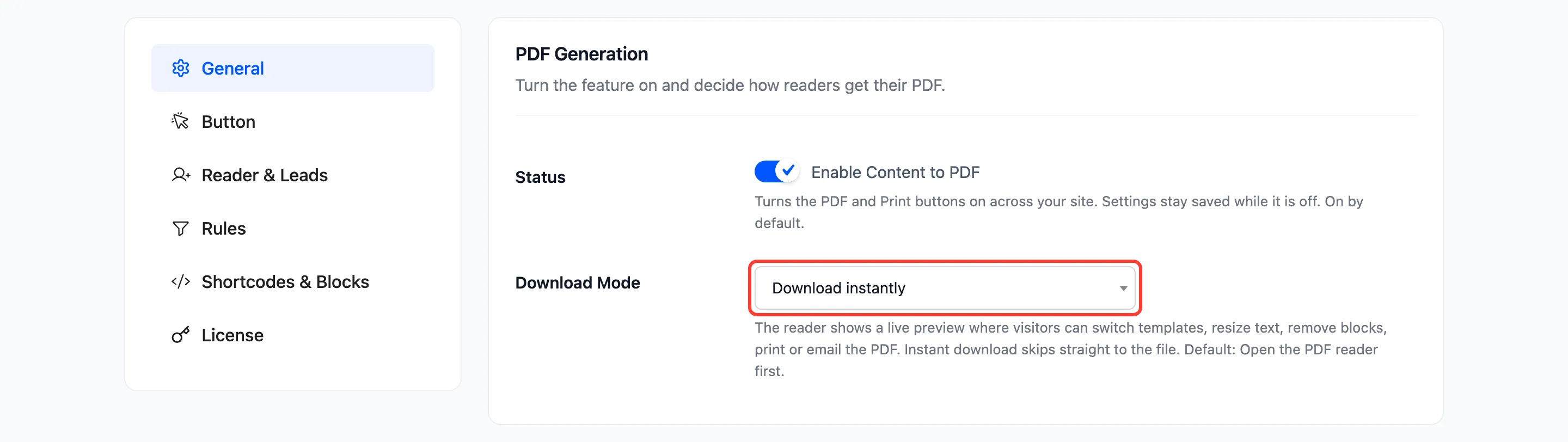 Download Mode set to Download instantly