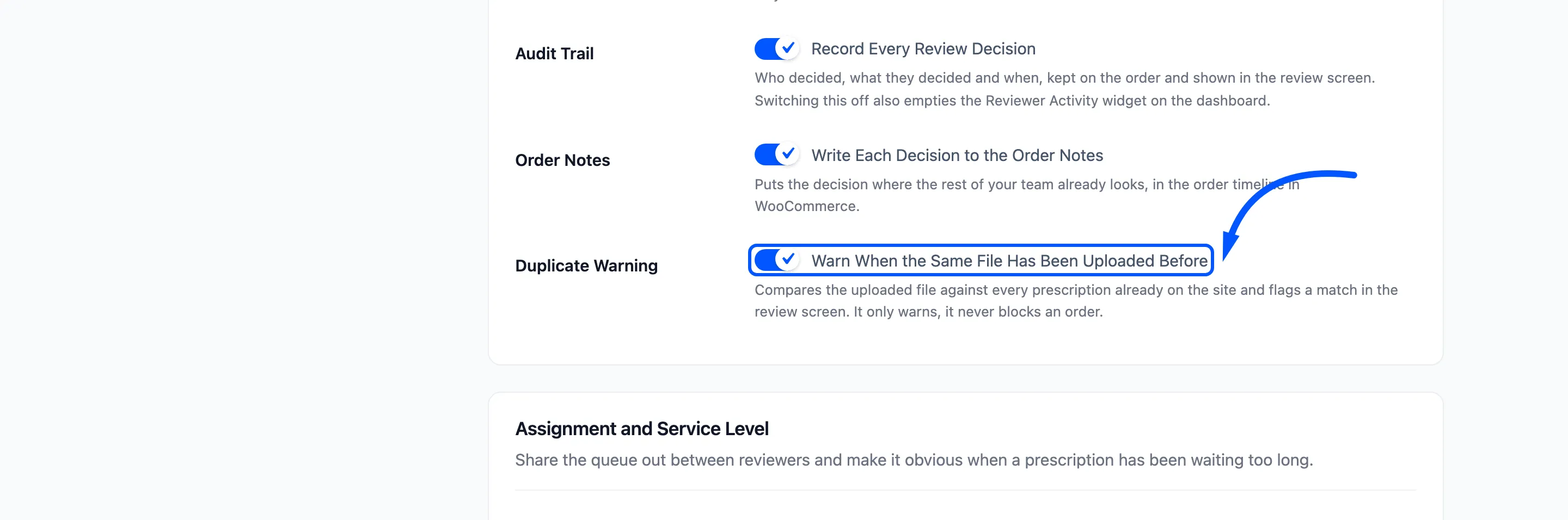The Duplicate Warning switch on the Review Workflow tab