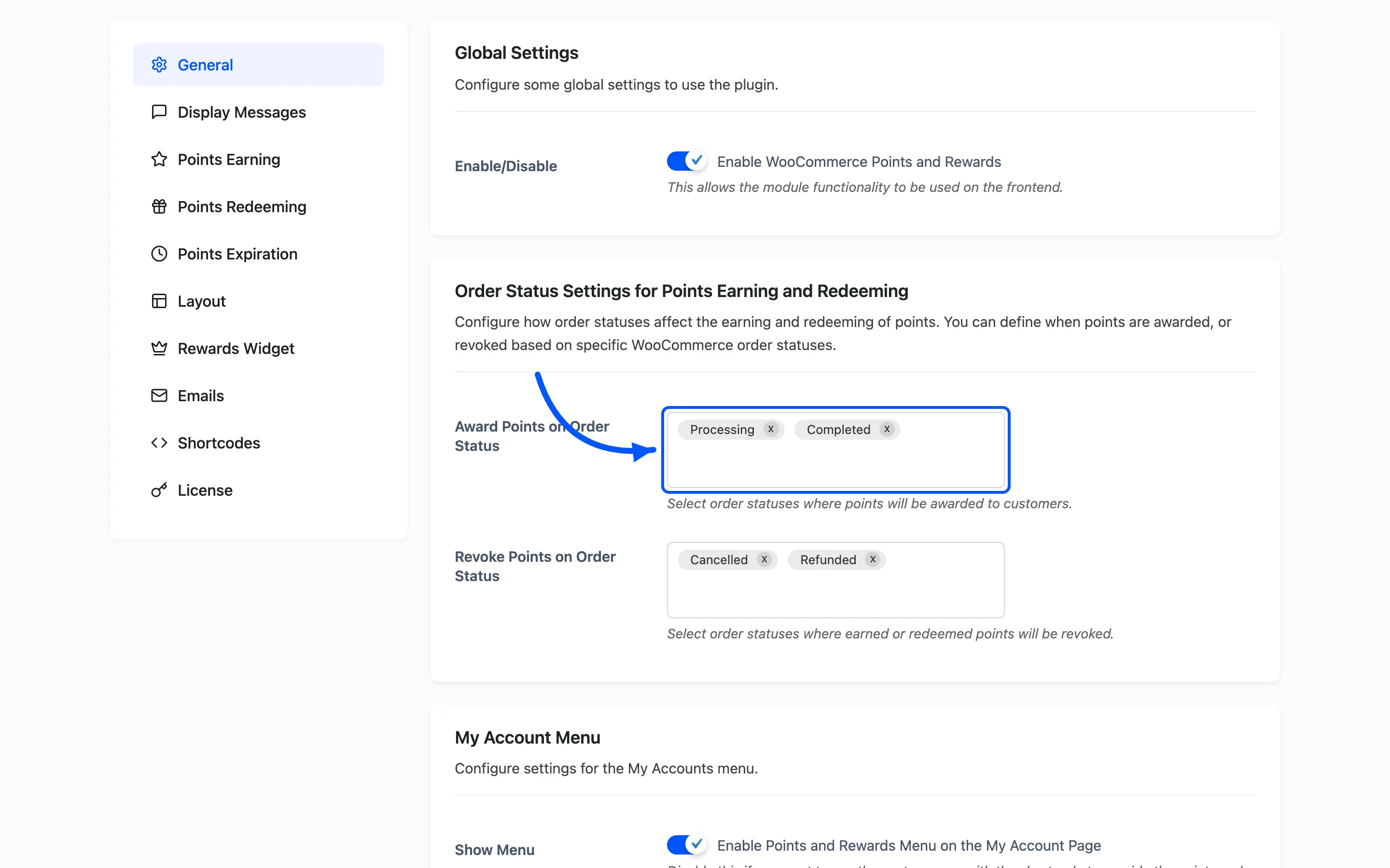 The Order Status Settings with Award Points on Order Status set to Processing and Completed