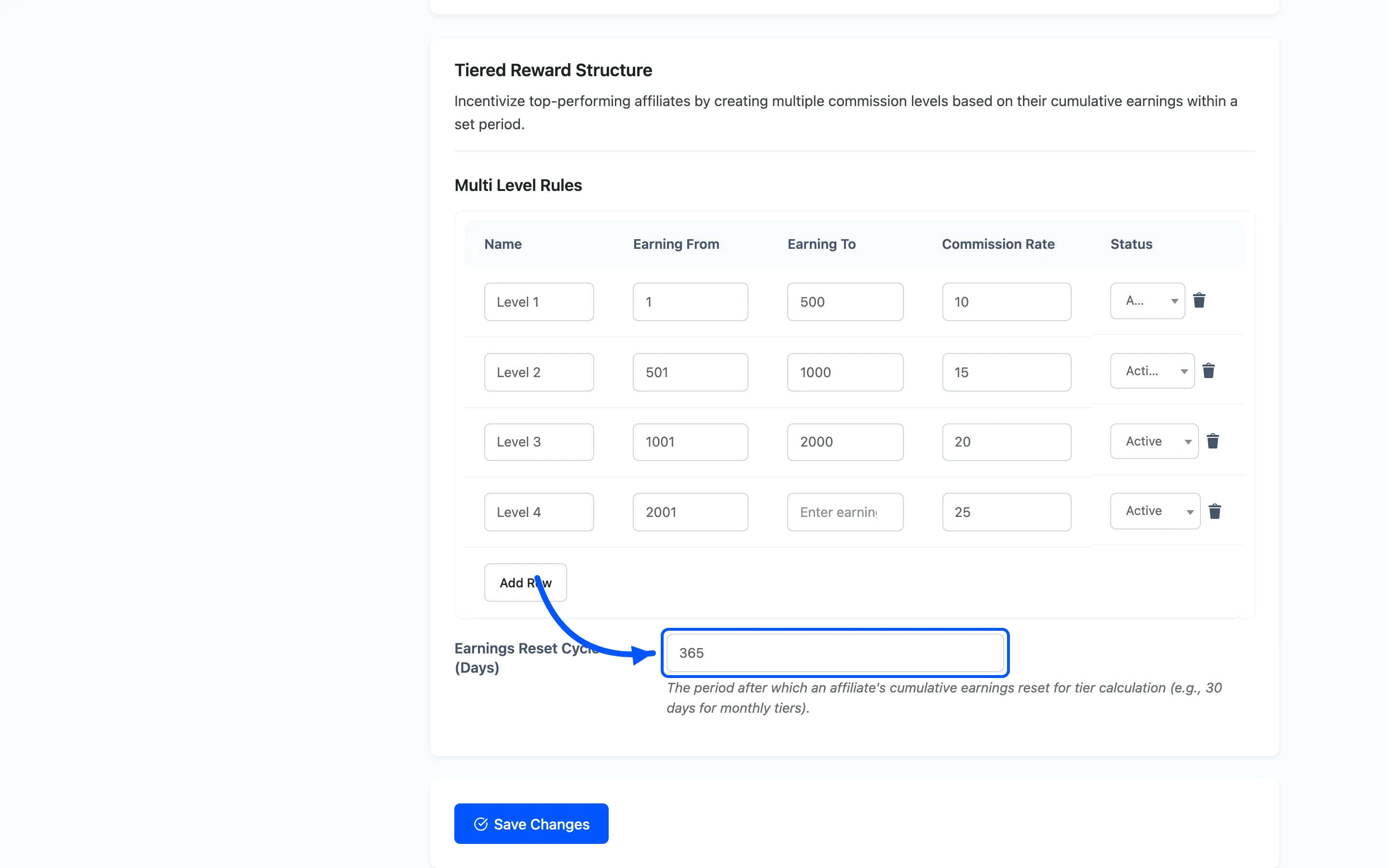 The Earnings Reset Cycle field on the Commissions settings tab