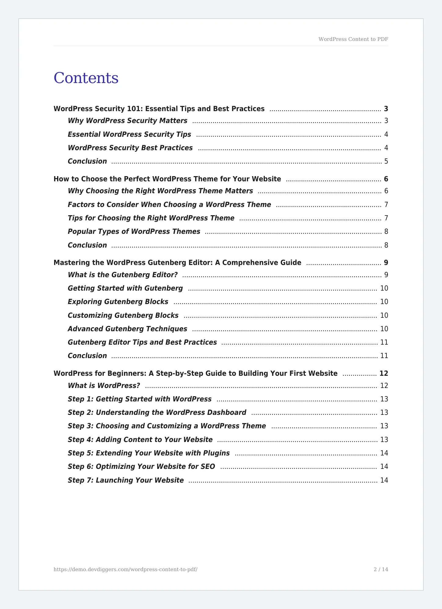 The ebook’s contents page
