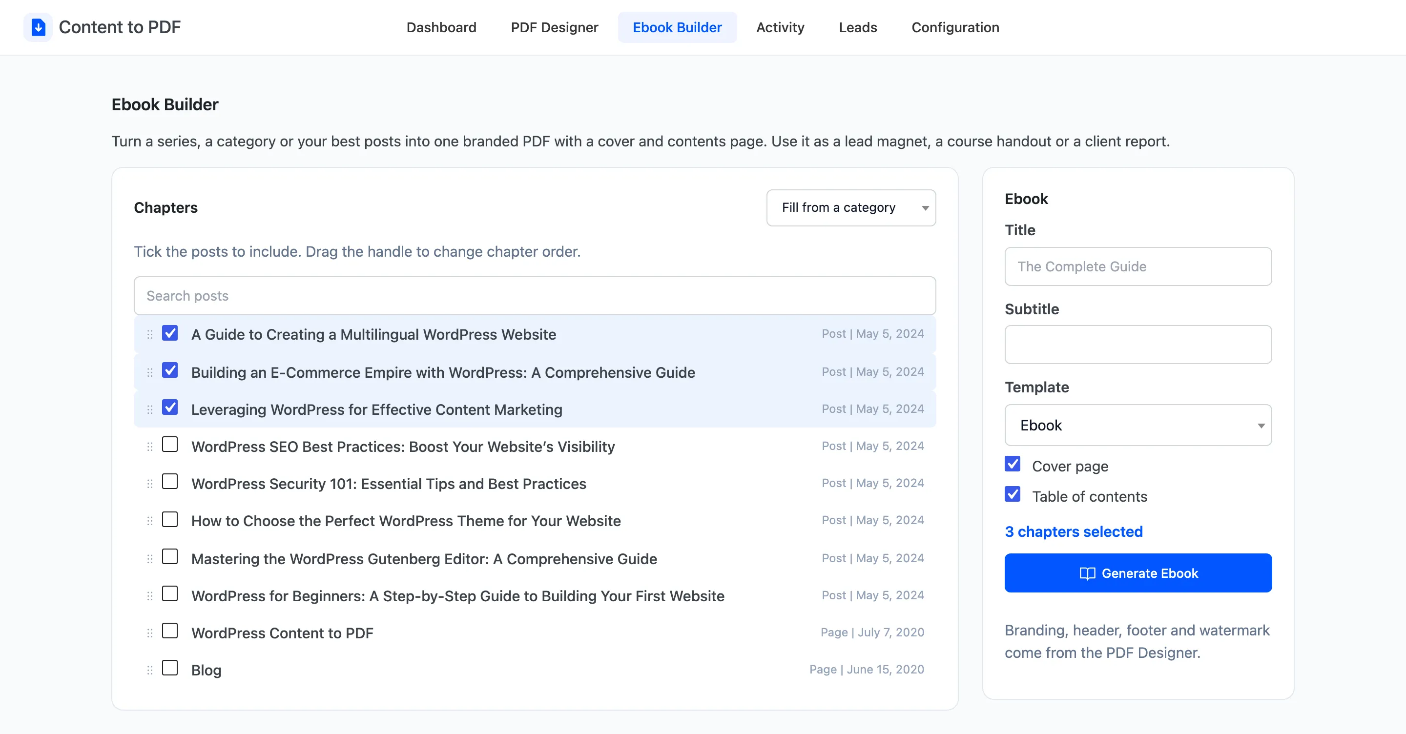 The Ebook Builder with the three posts ticked