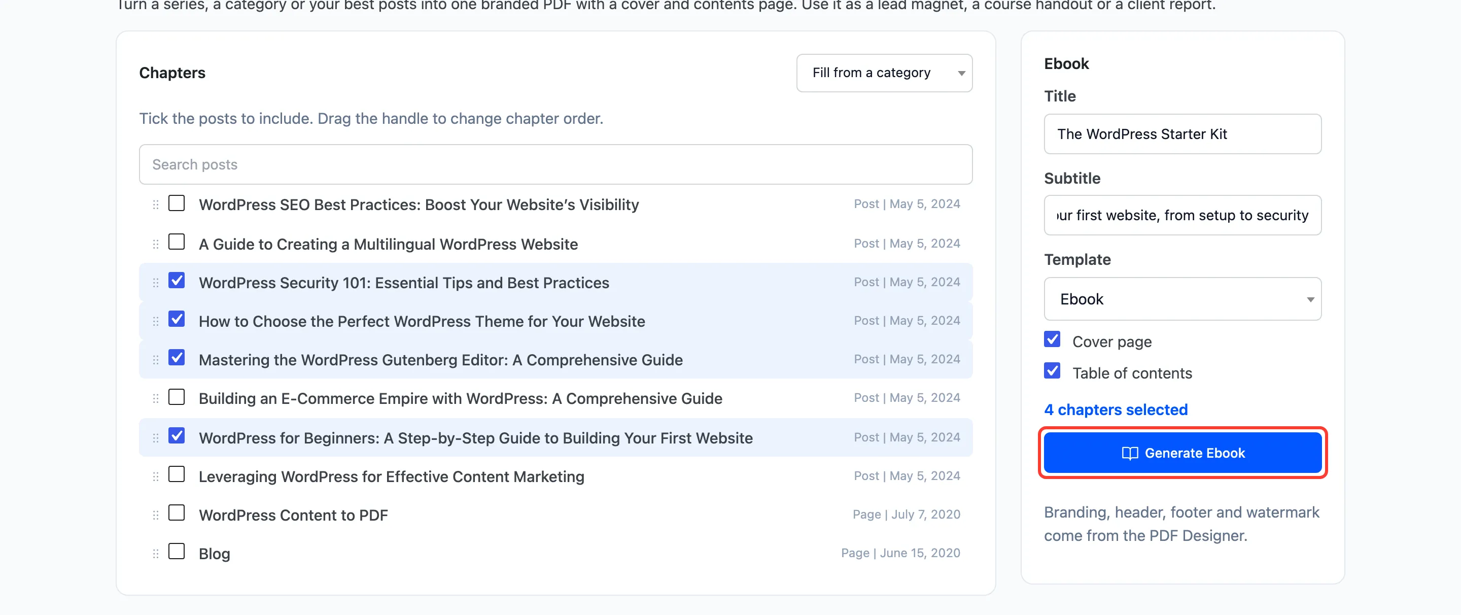 The Generate Ebook button