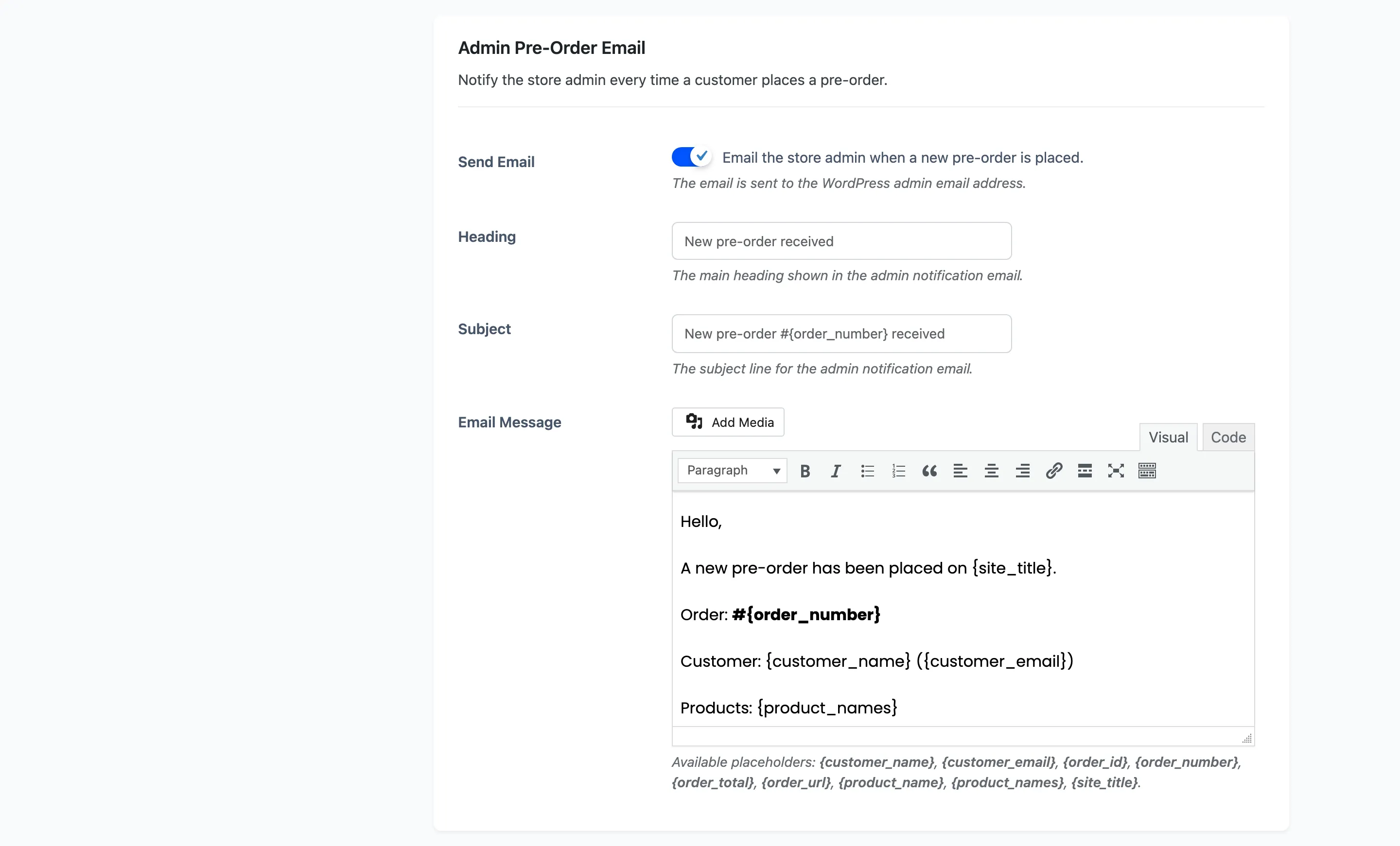 The Admin Pre-Order Email section