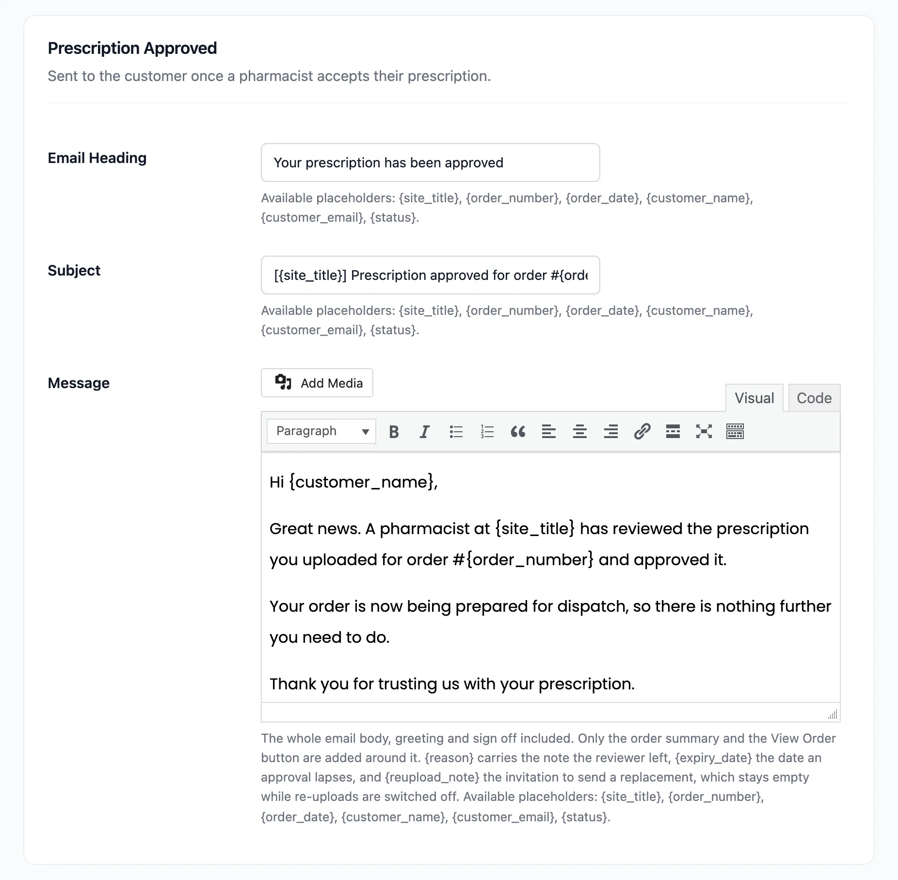 The Prescription Approved section with the heading, subject and message