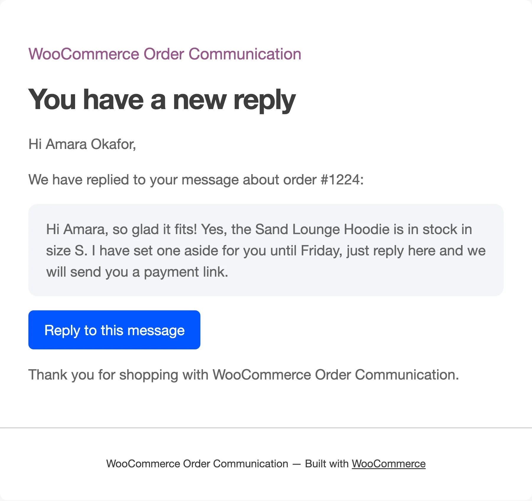 The customer notification email