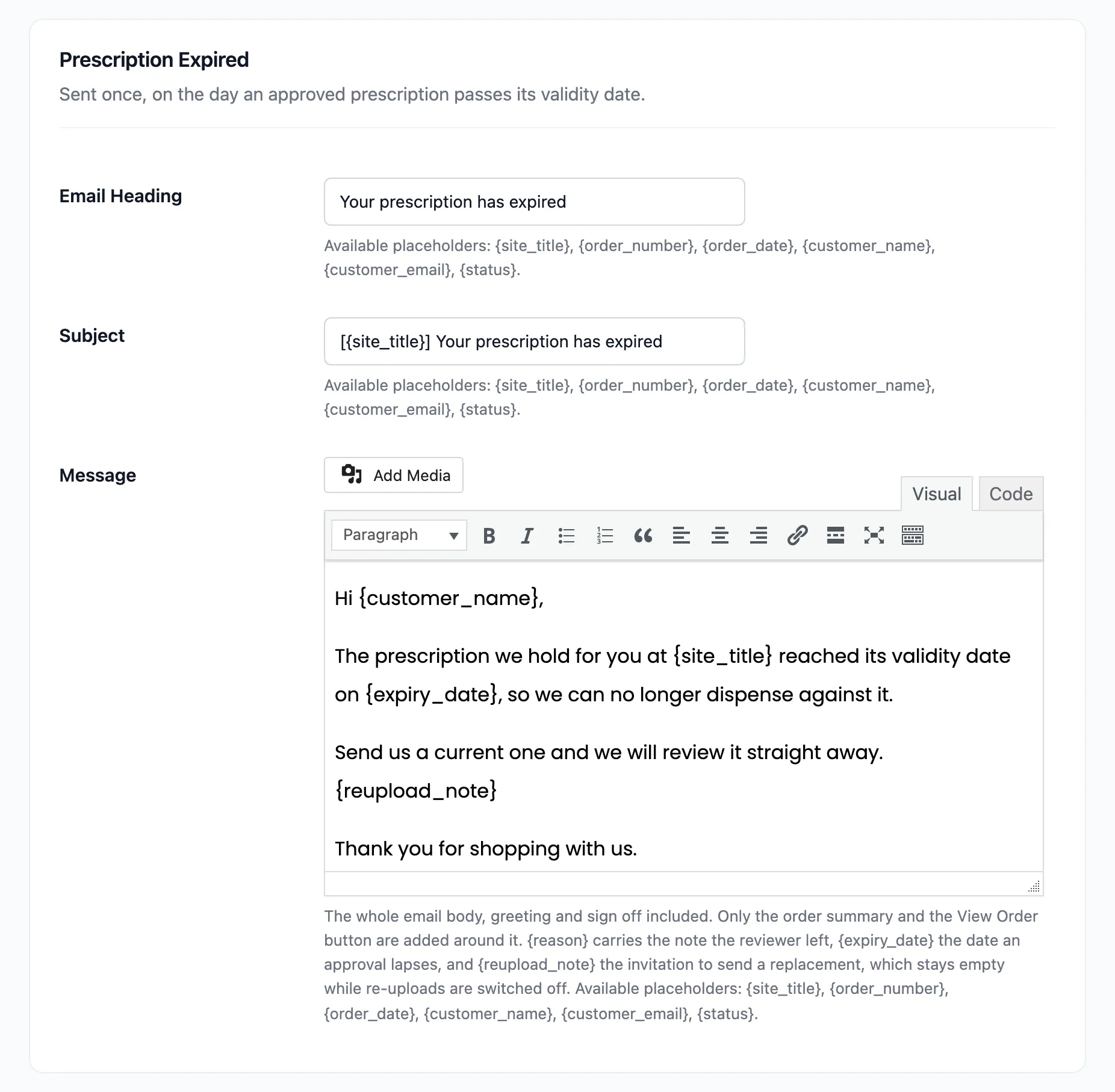 The Prescription Expired section with the expiry date placeholder in the message