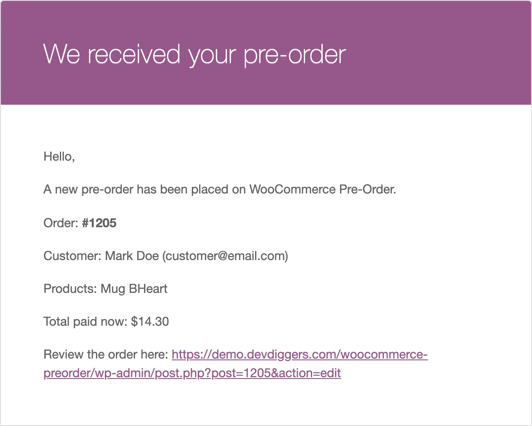 The pre-order confirmation email