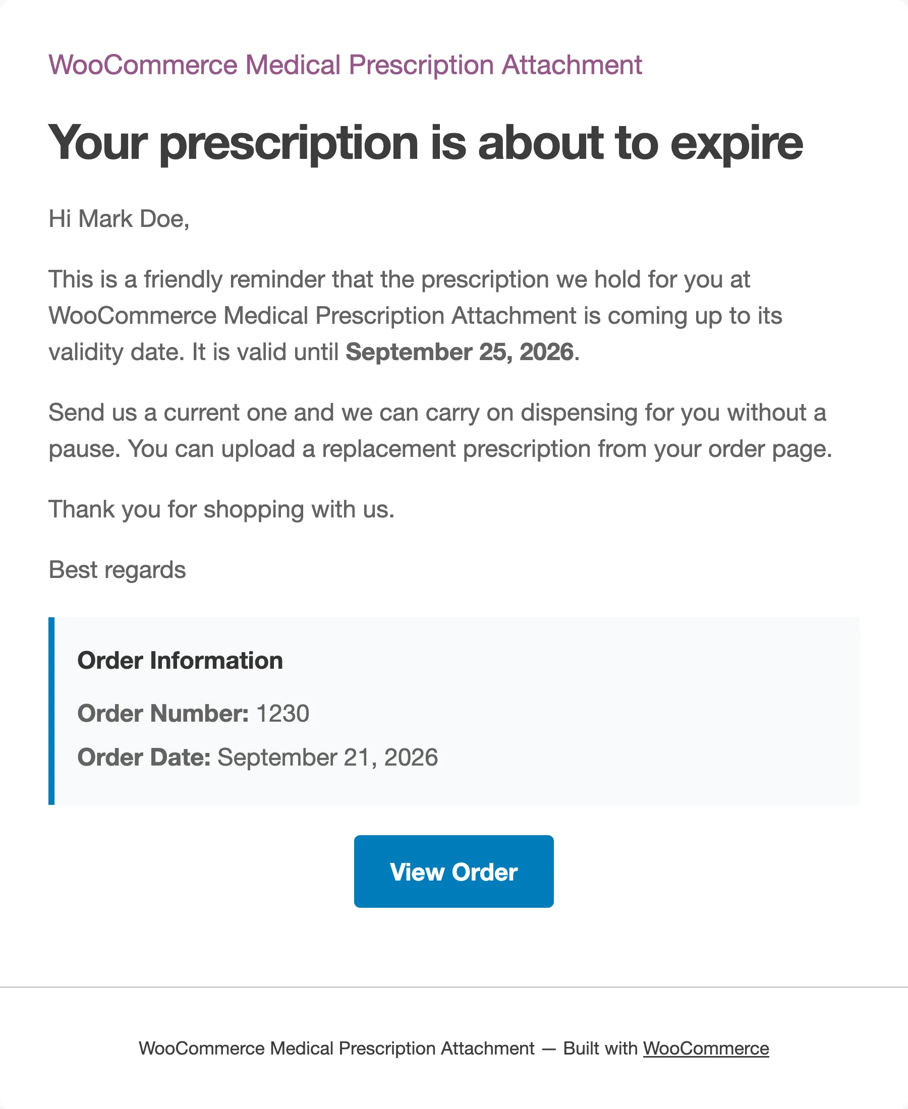 The Prescription Expiring email with the validity date