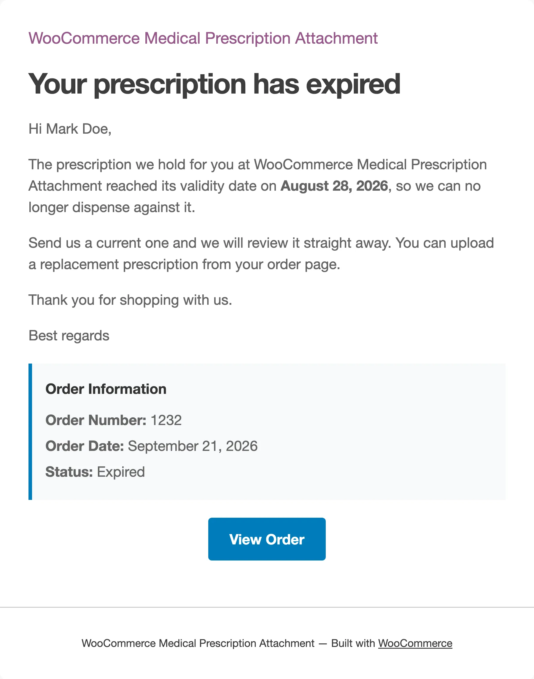 The Prescription Expired email telling the customer which date passed