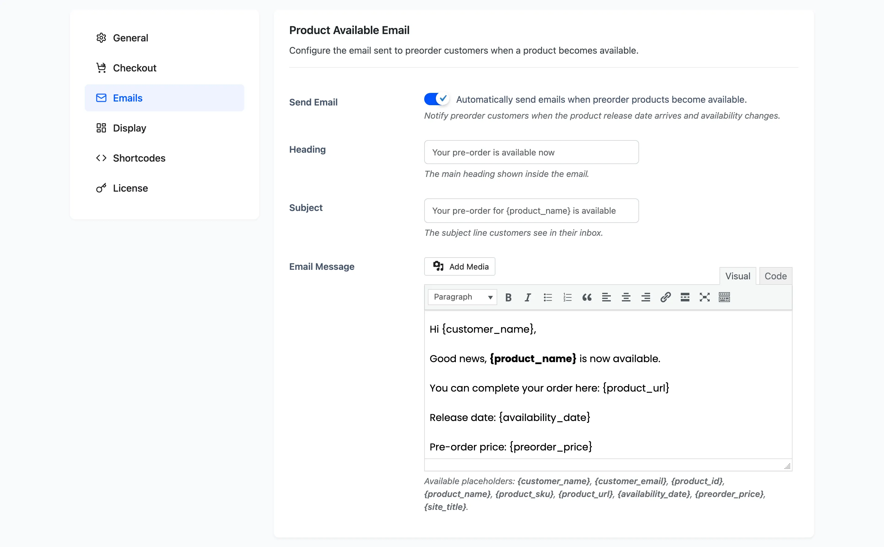 The Product Available Email section