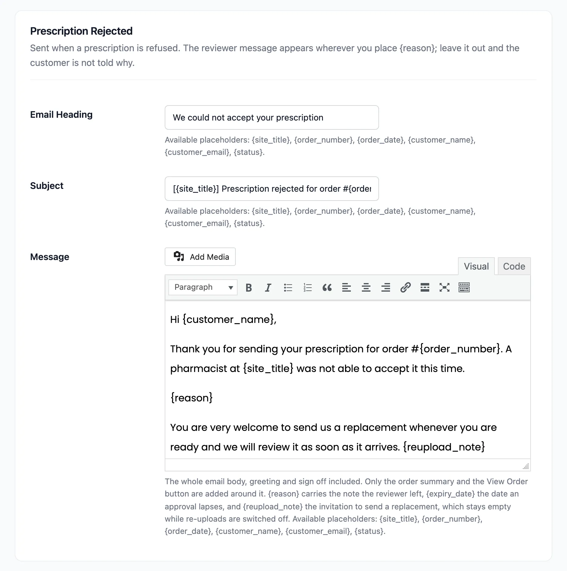 The Prescription Rejected section, one of the six email sections