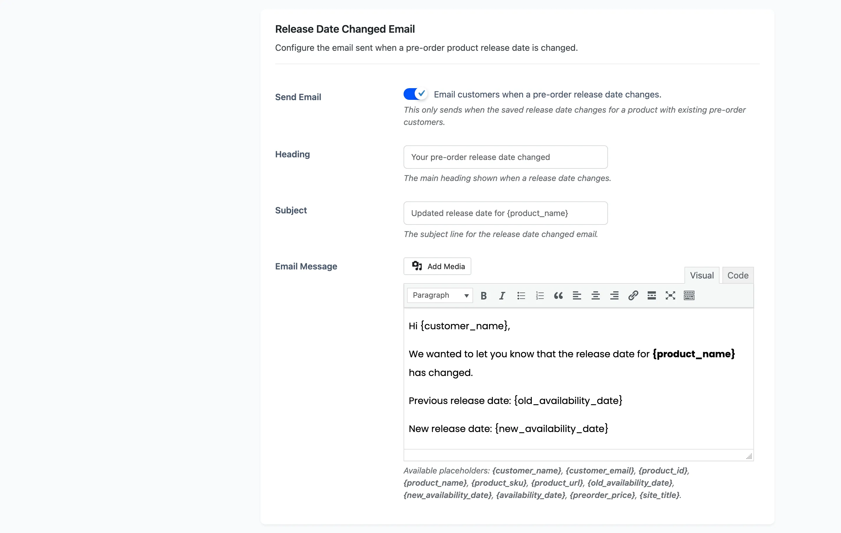 The Release Date Changed Email section