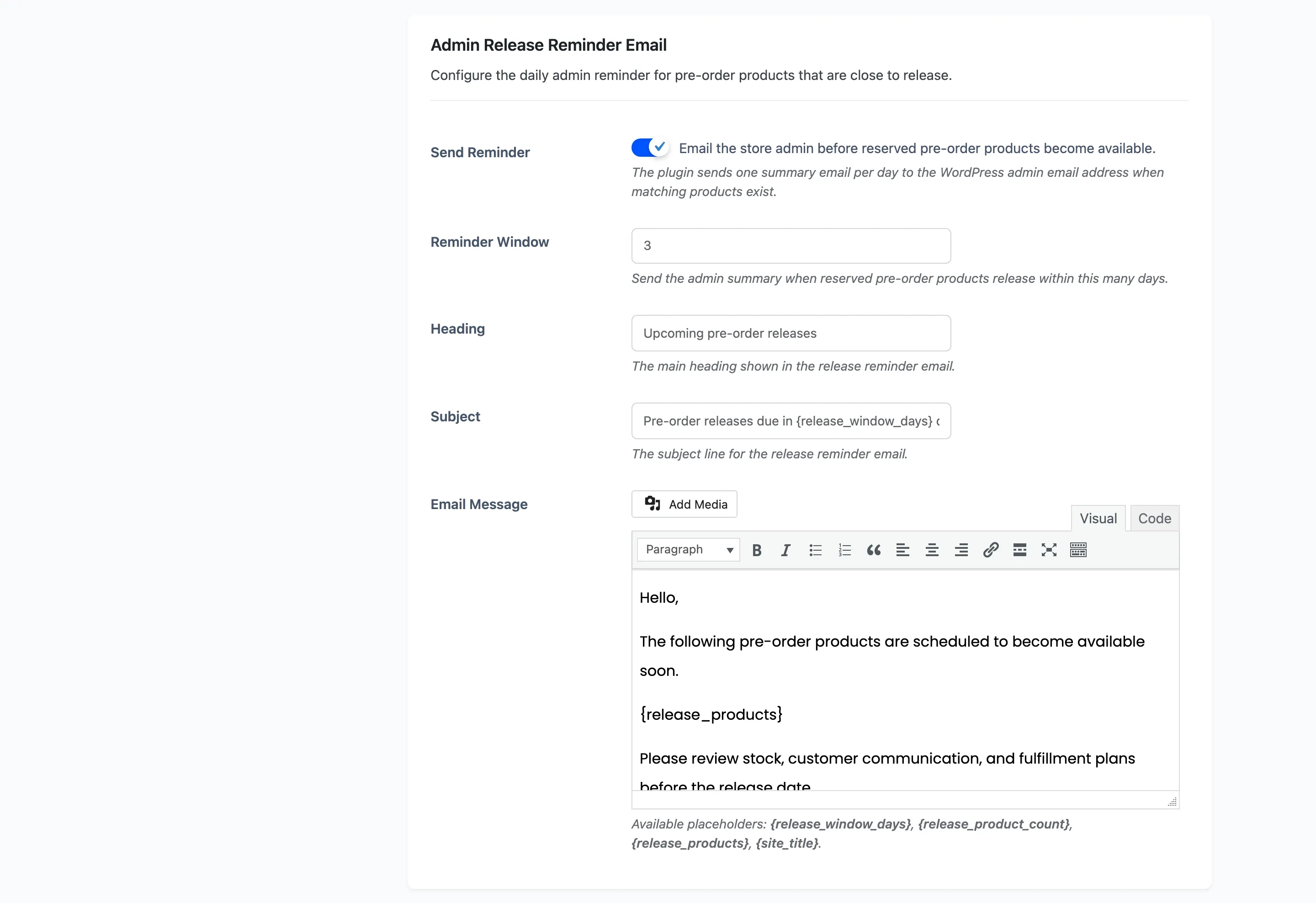 The Admin Release Reminder Email section
