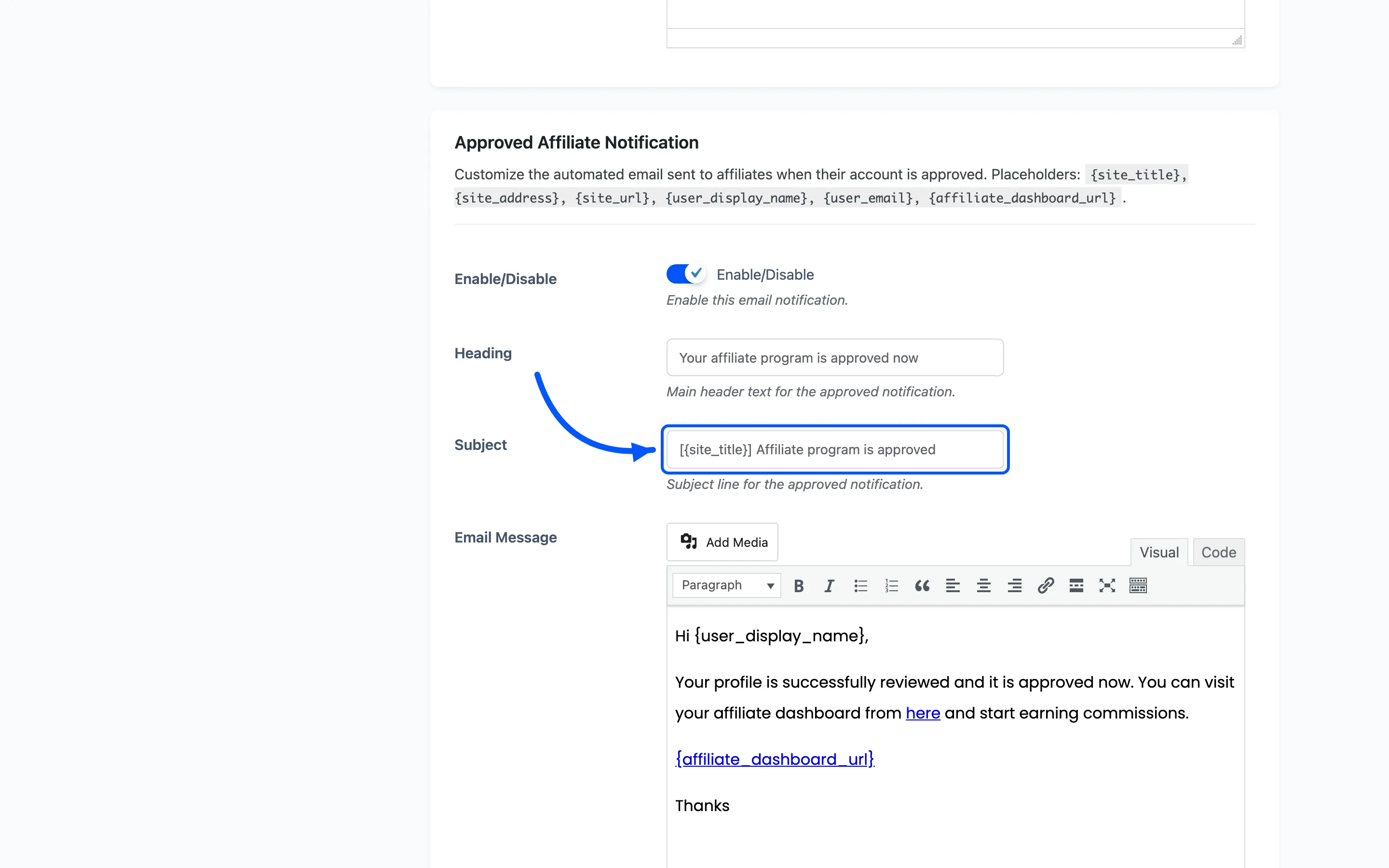 The subject field on the Approved Affiliate notification