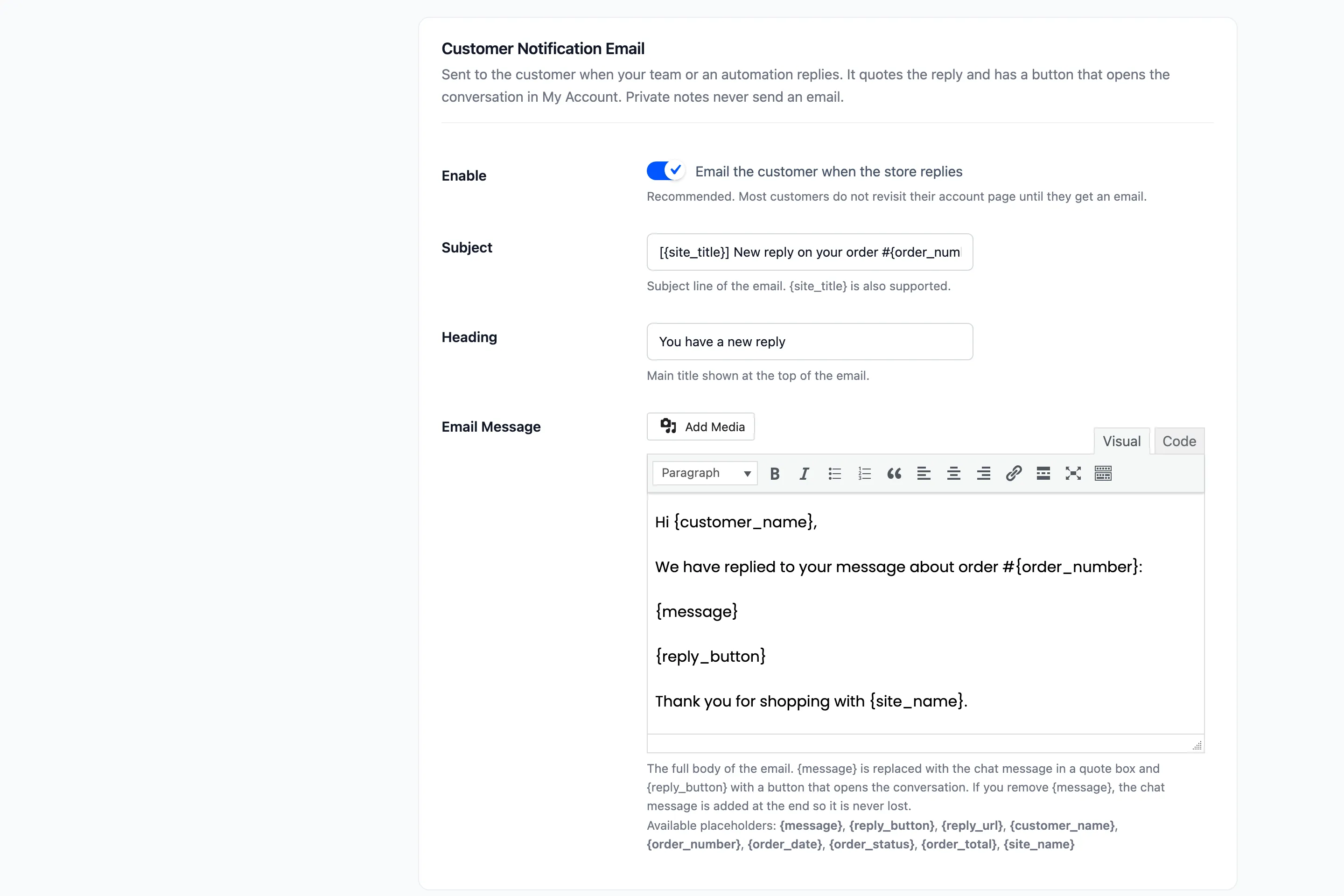 The Customer Notification Email section