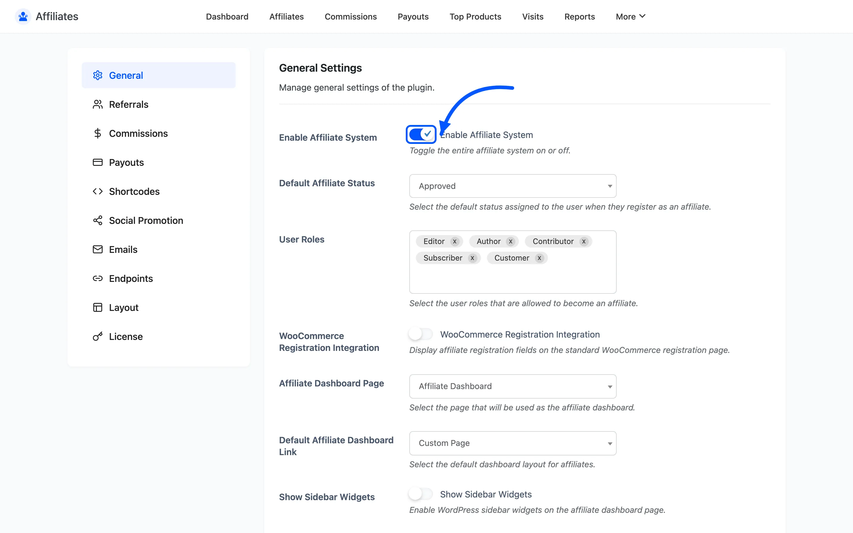 The Enable Affiliate System toggle on the General settings tab