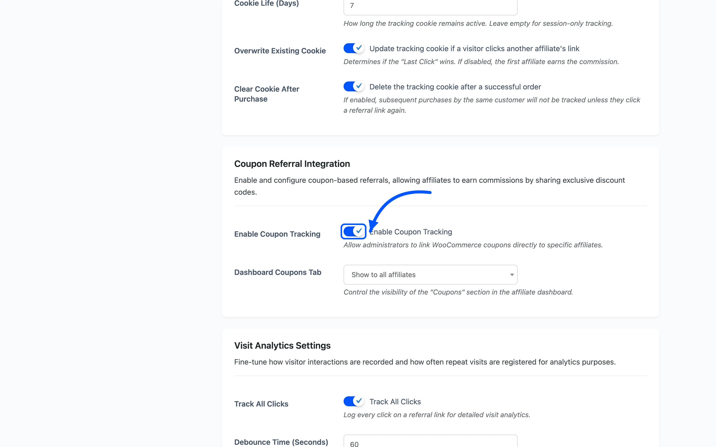 The Enable Coupon Tracking toggle on the Referrals settings tab
