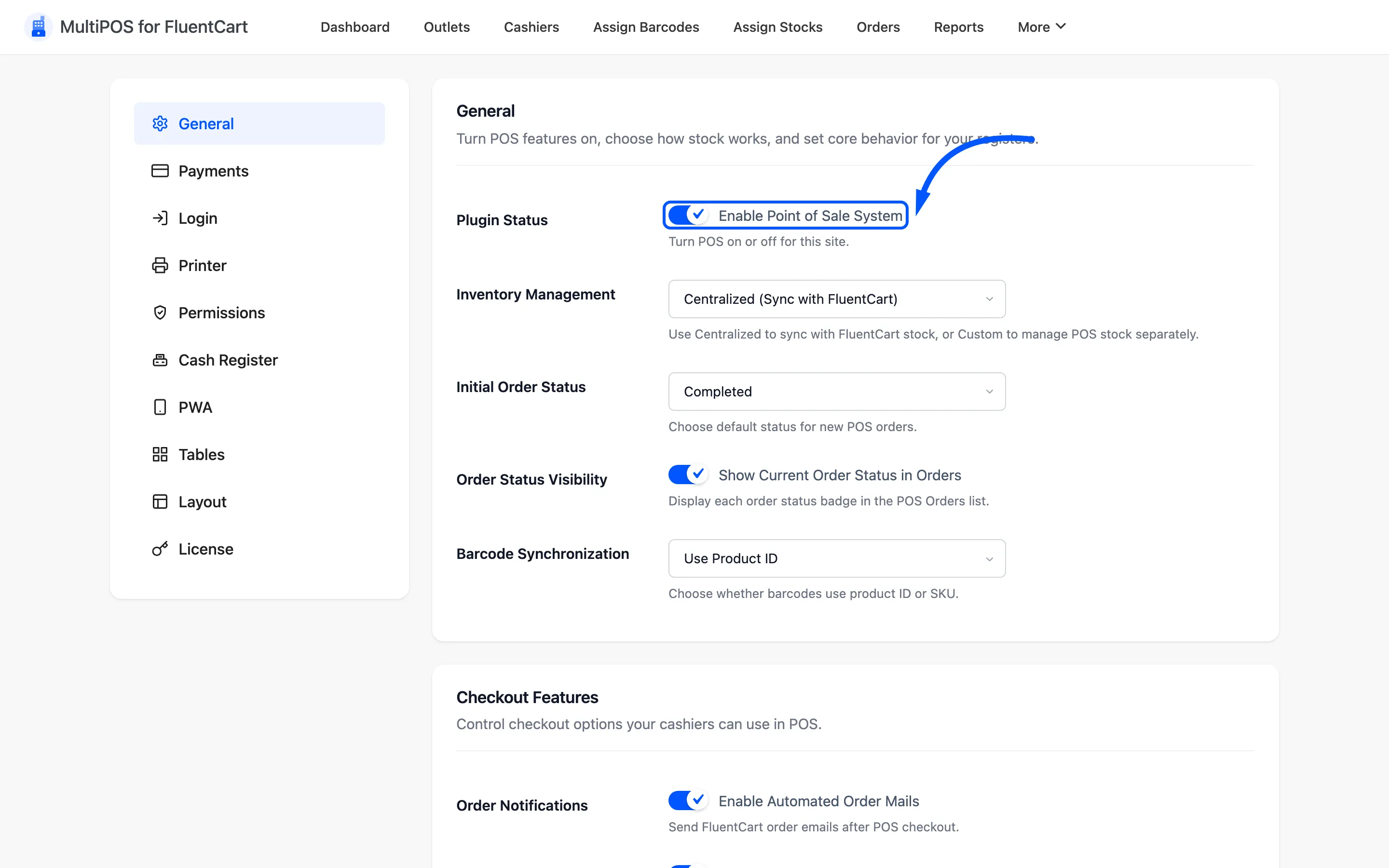 The Enable Point of Sale System checkbox on the General tab