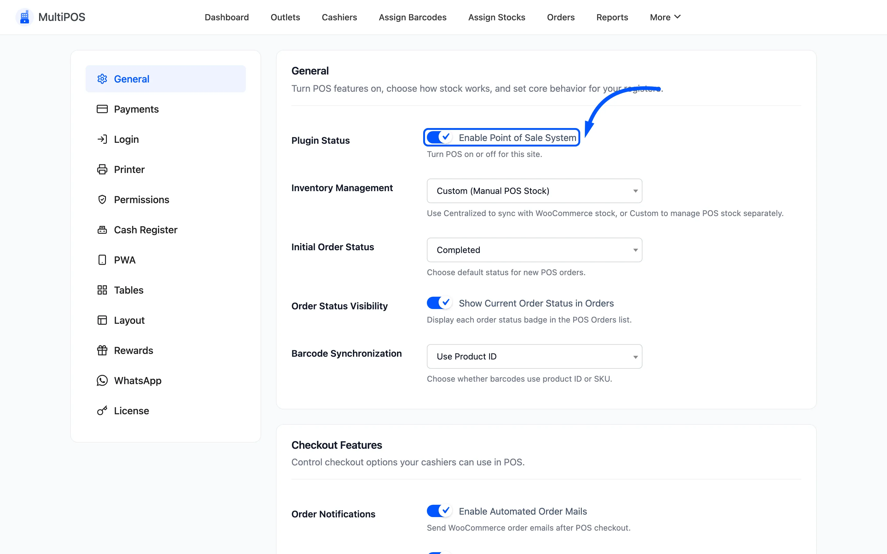 The Enable Point of Sale System checkbox on the General tab