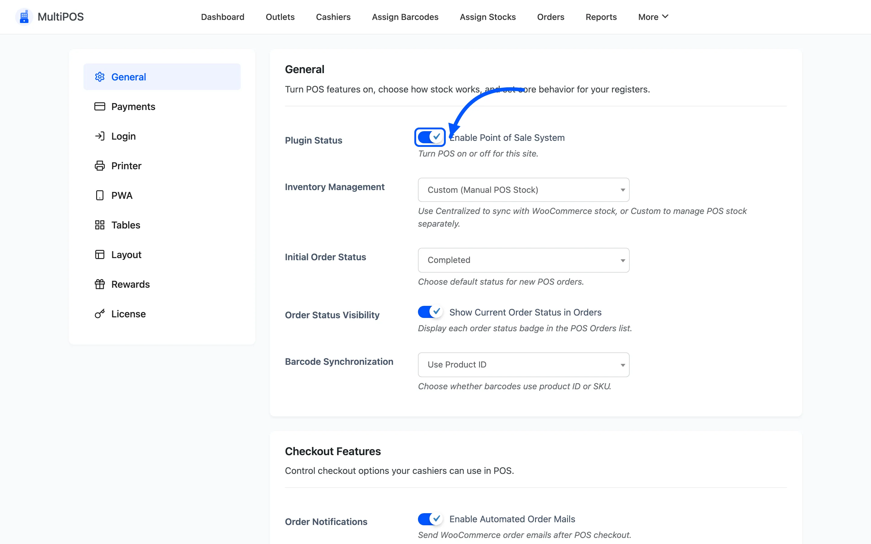The Enable Point of Sale System checkbox on the General tab