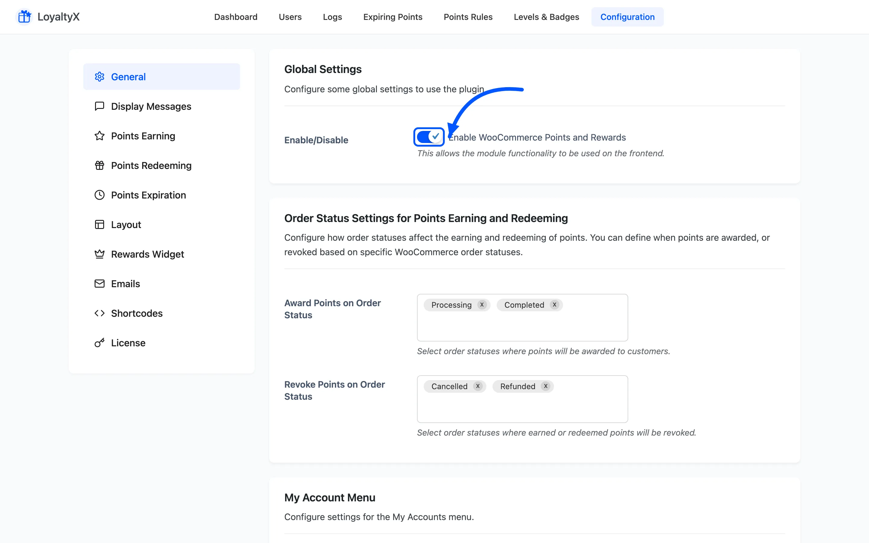 The LoyaltyX General tab with the Enable WooCommerce Points and Rewards switch turned on
