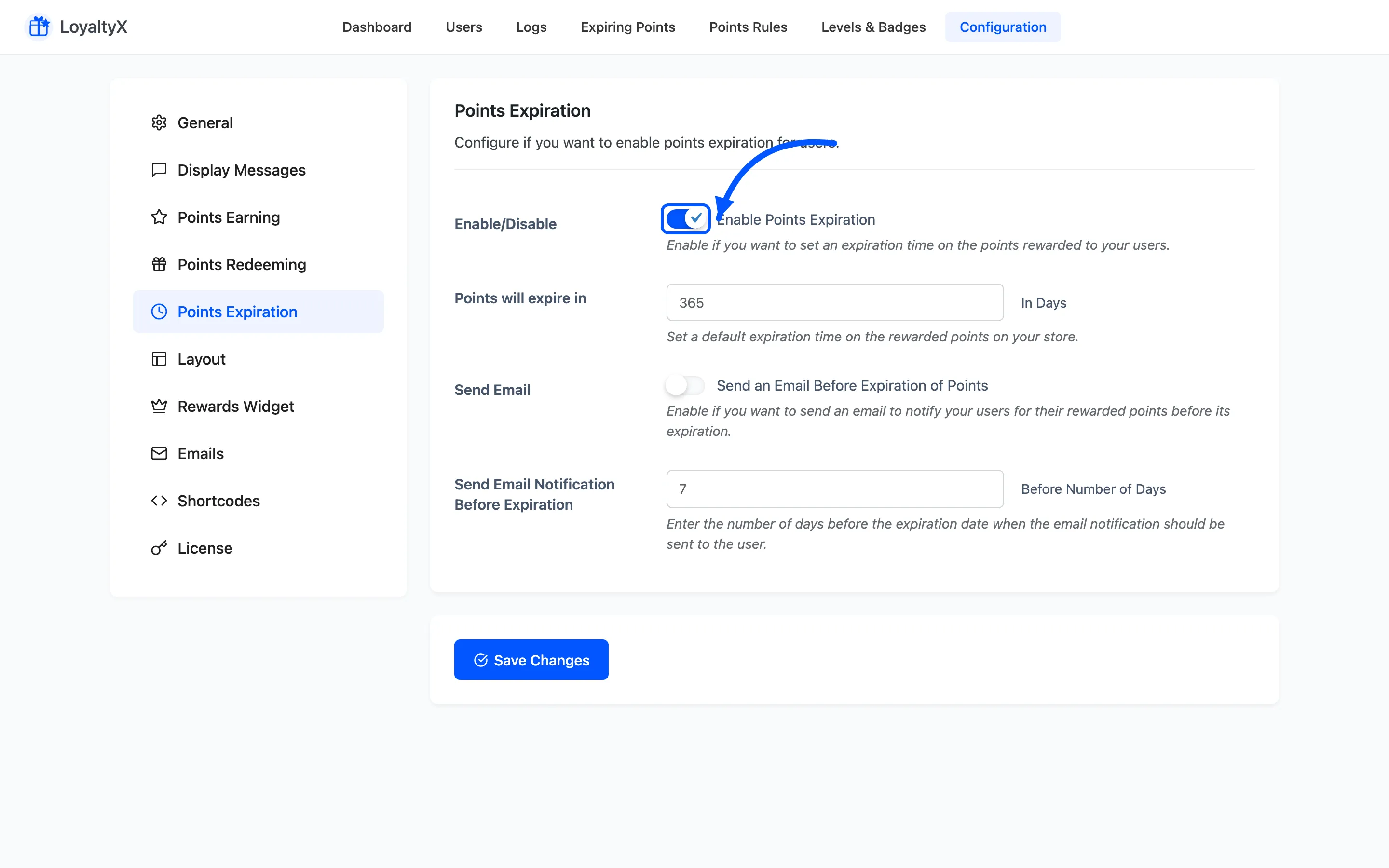 The Enable Points Expiration toggle switched on