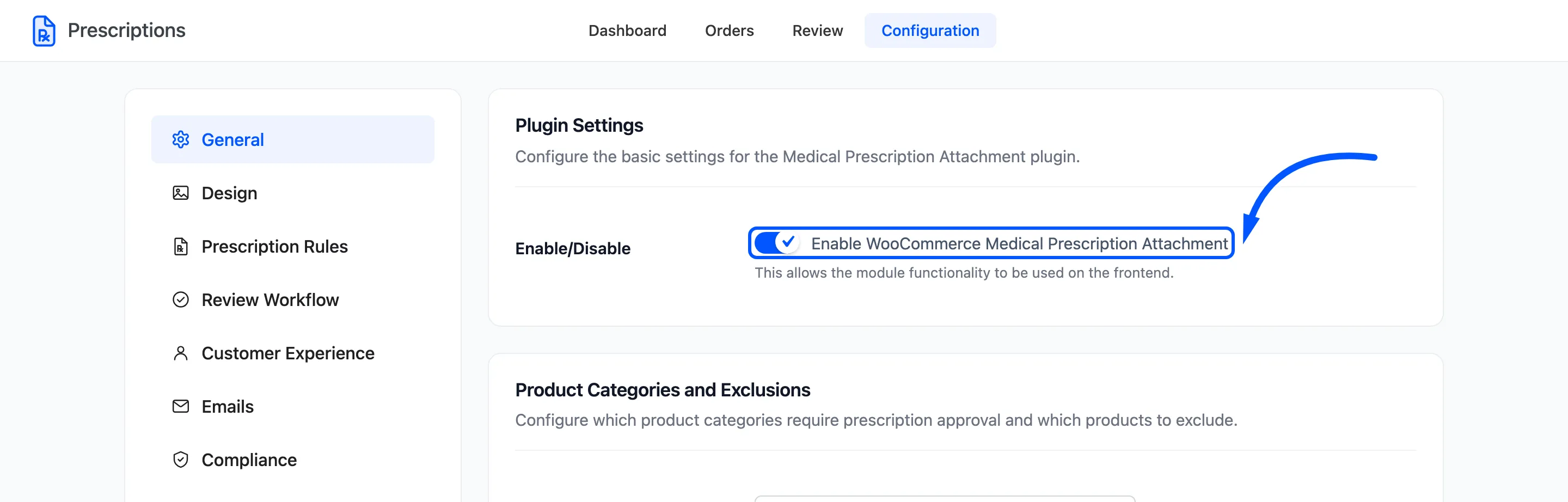 The Enable WooCommerce Medical Prescription Attachment switch on the General tab
