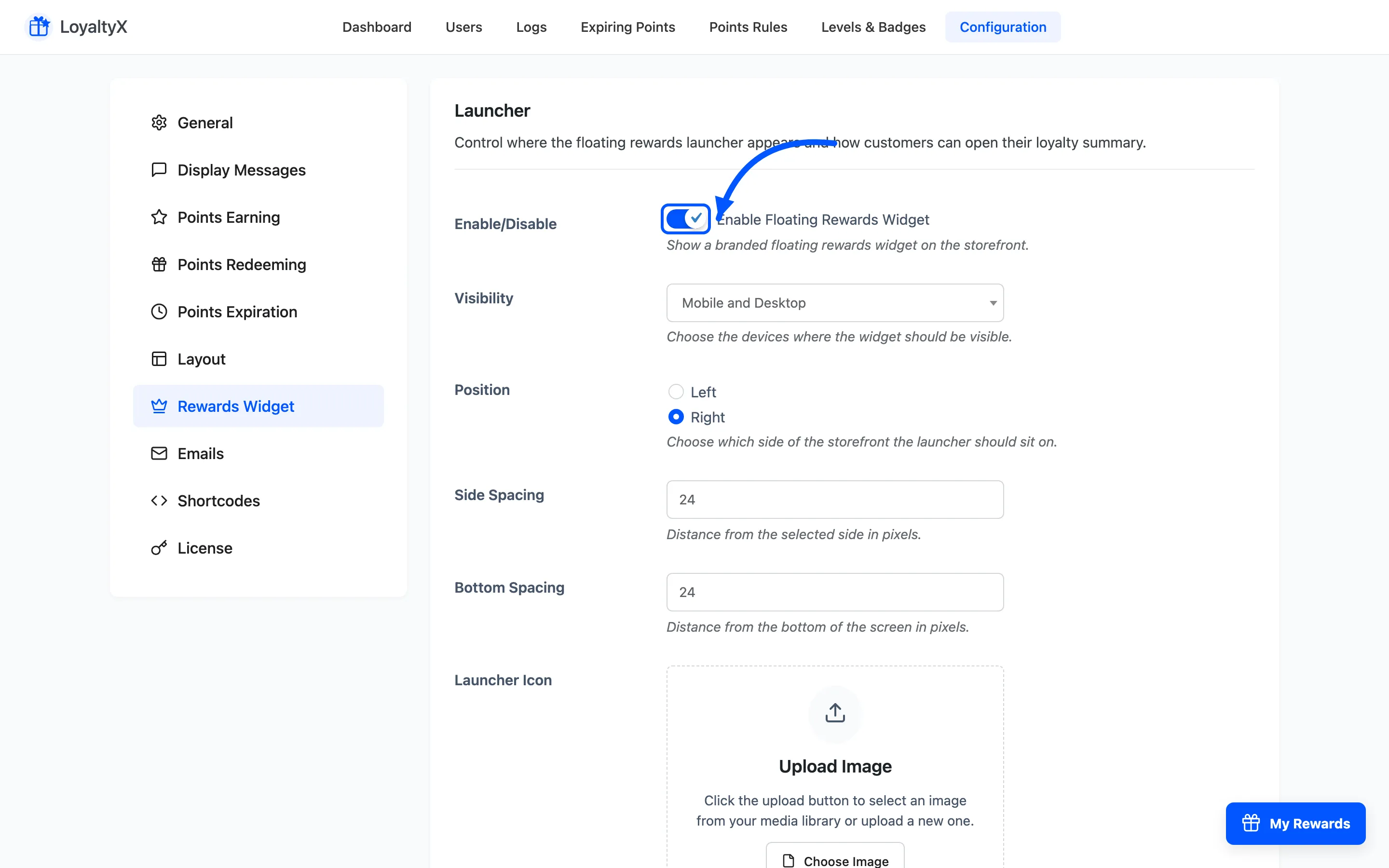 The Rewards Widget Launcher section with the enable switch marked