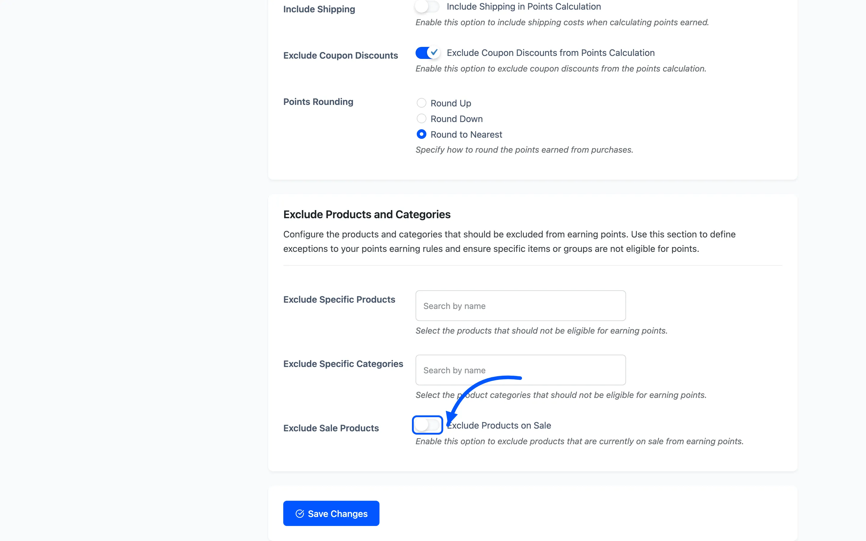 The Exclude Products and Categories section with the Exclude Sale Products toggle marked