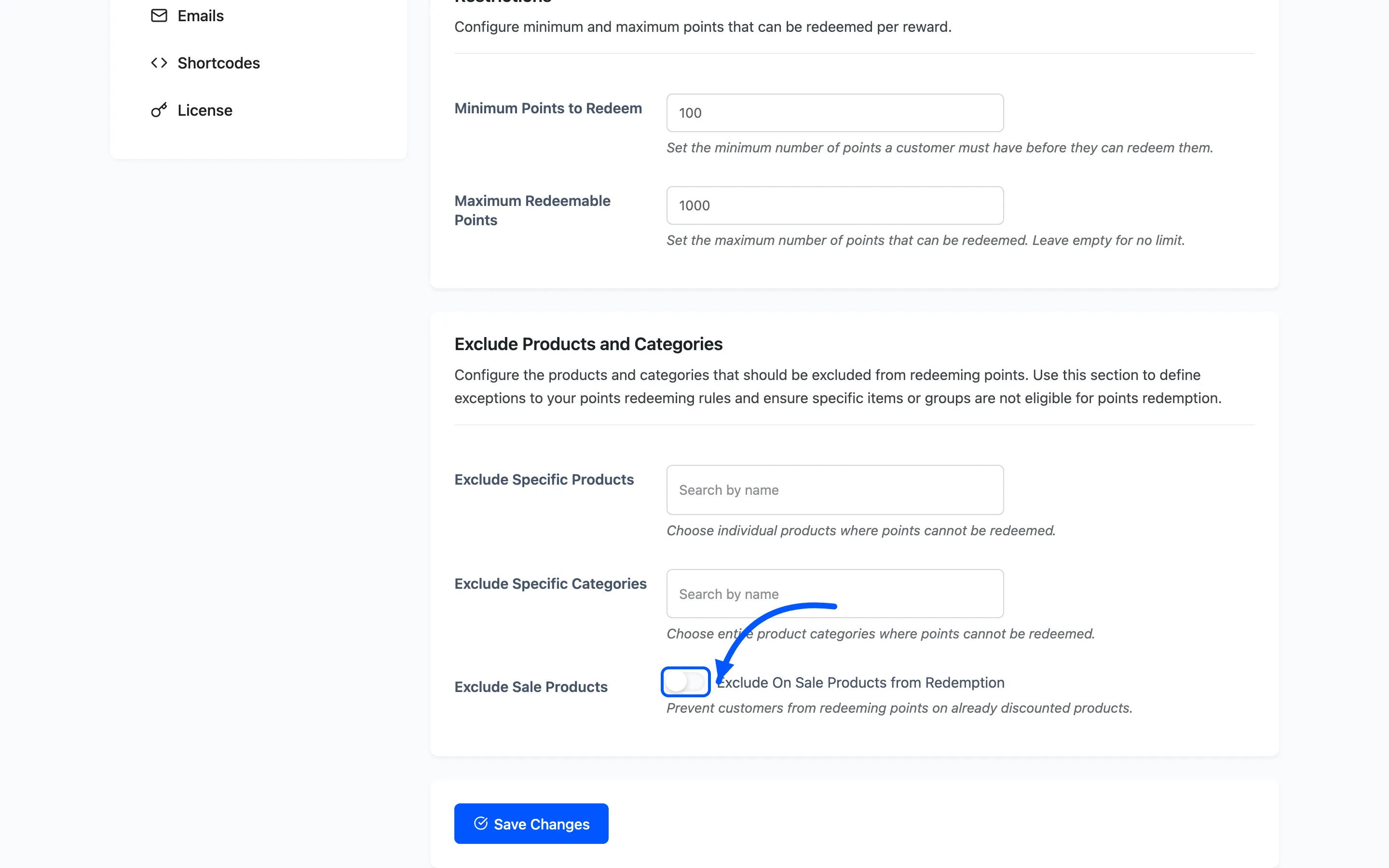 The Exclude Products and Categories section with the Exclude Sale Products toggle marked