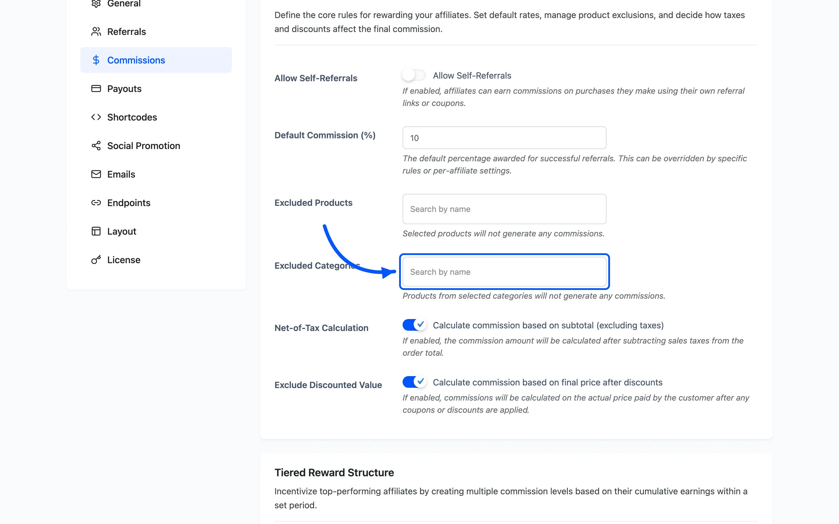The Excluded Categories field on the Commissions settings tab