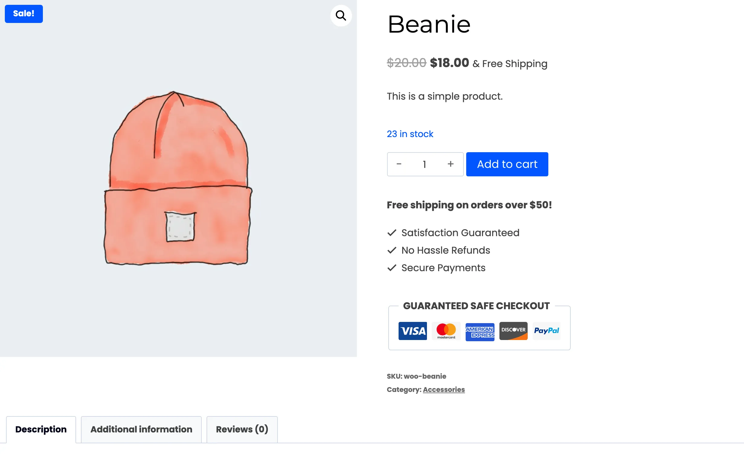 The Beanie product page with Add to cart and no WhatsApp button