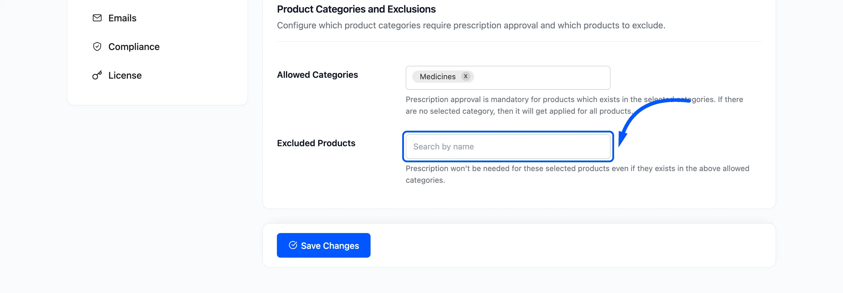 The Excluded Products field under the categories