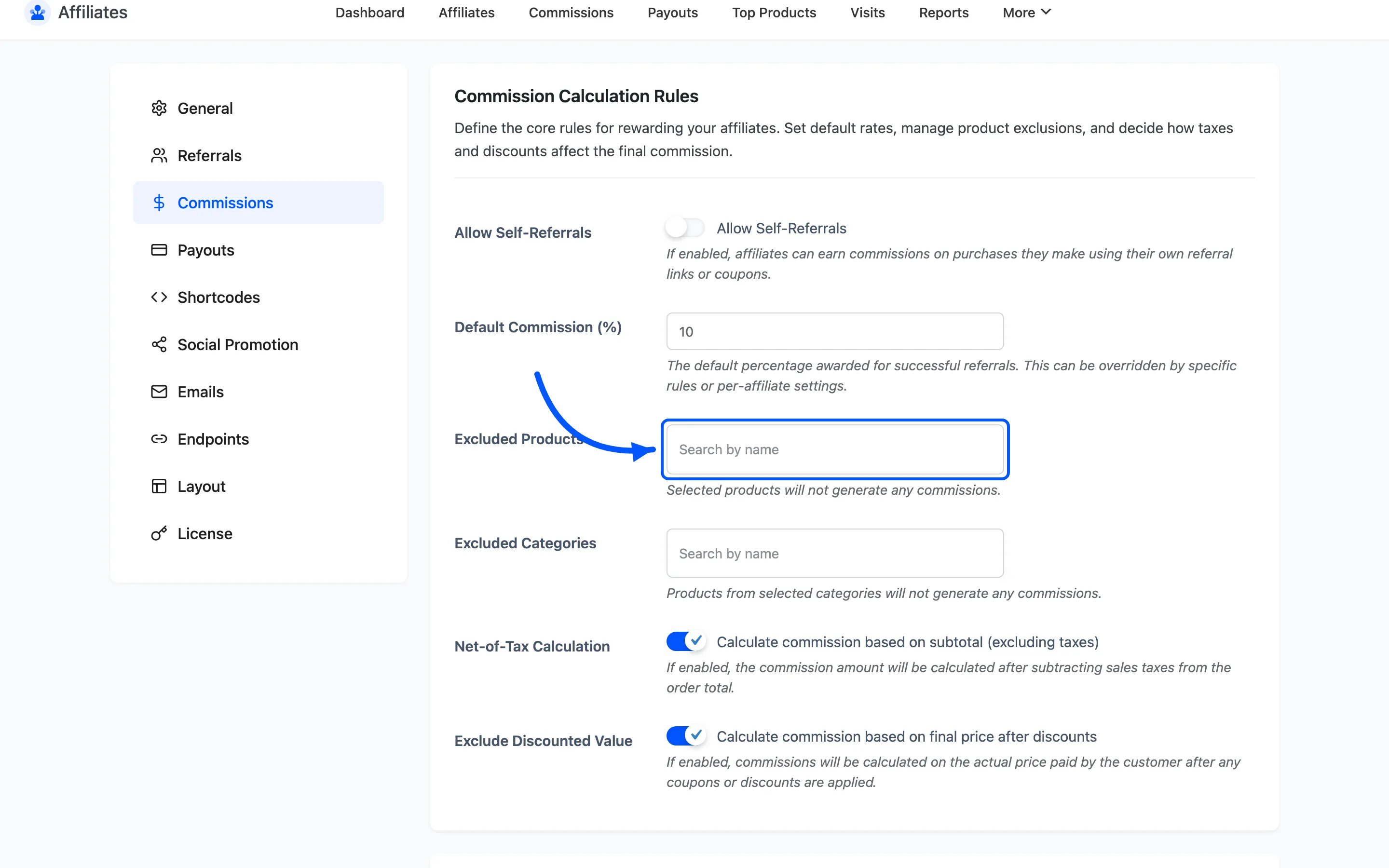 The Excluded Products field on the Commissions settings tab