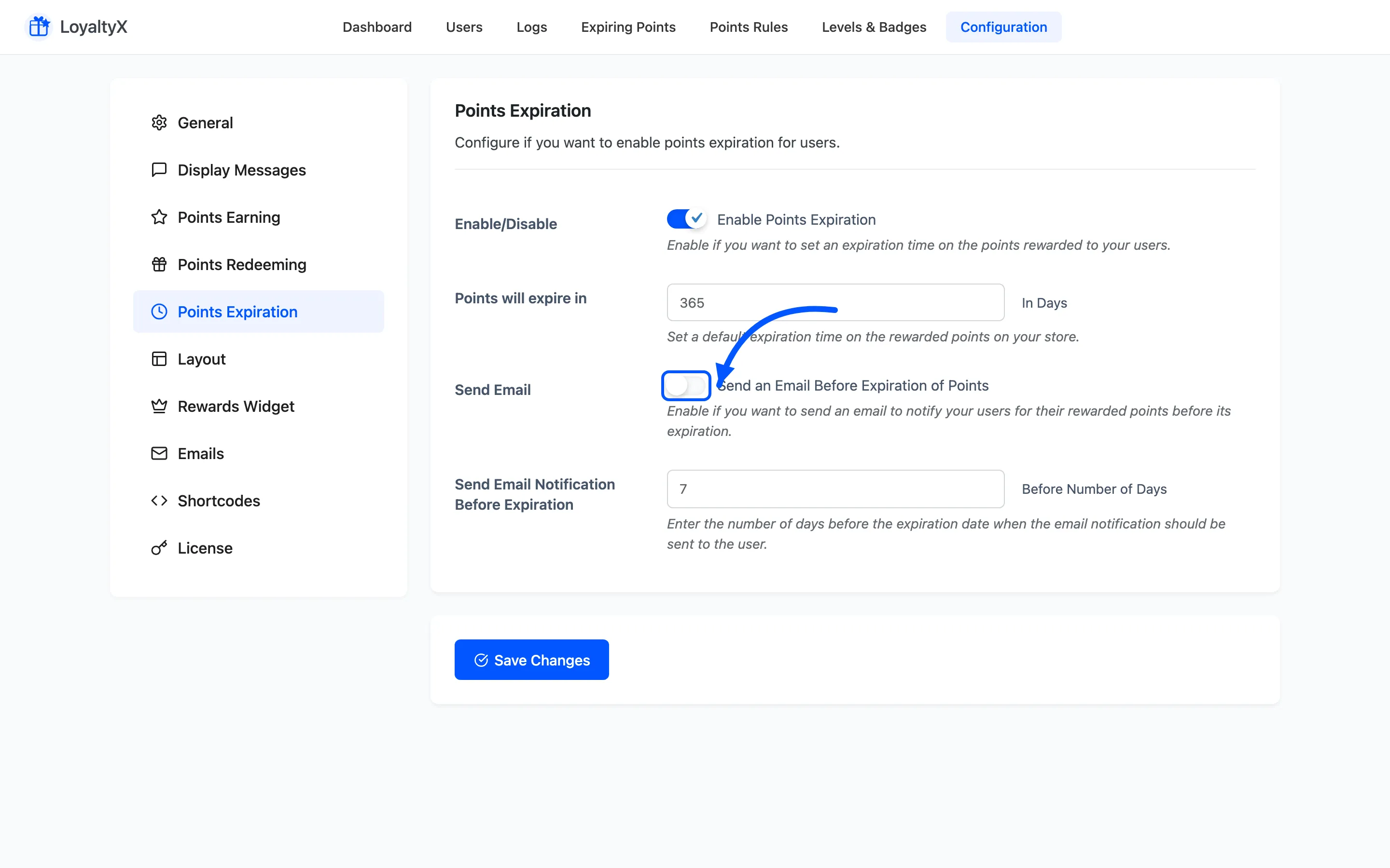 The Send an Email Before Expiration toggle on the Points Expiration tab