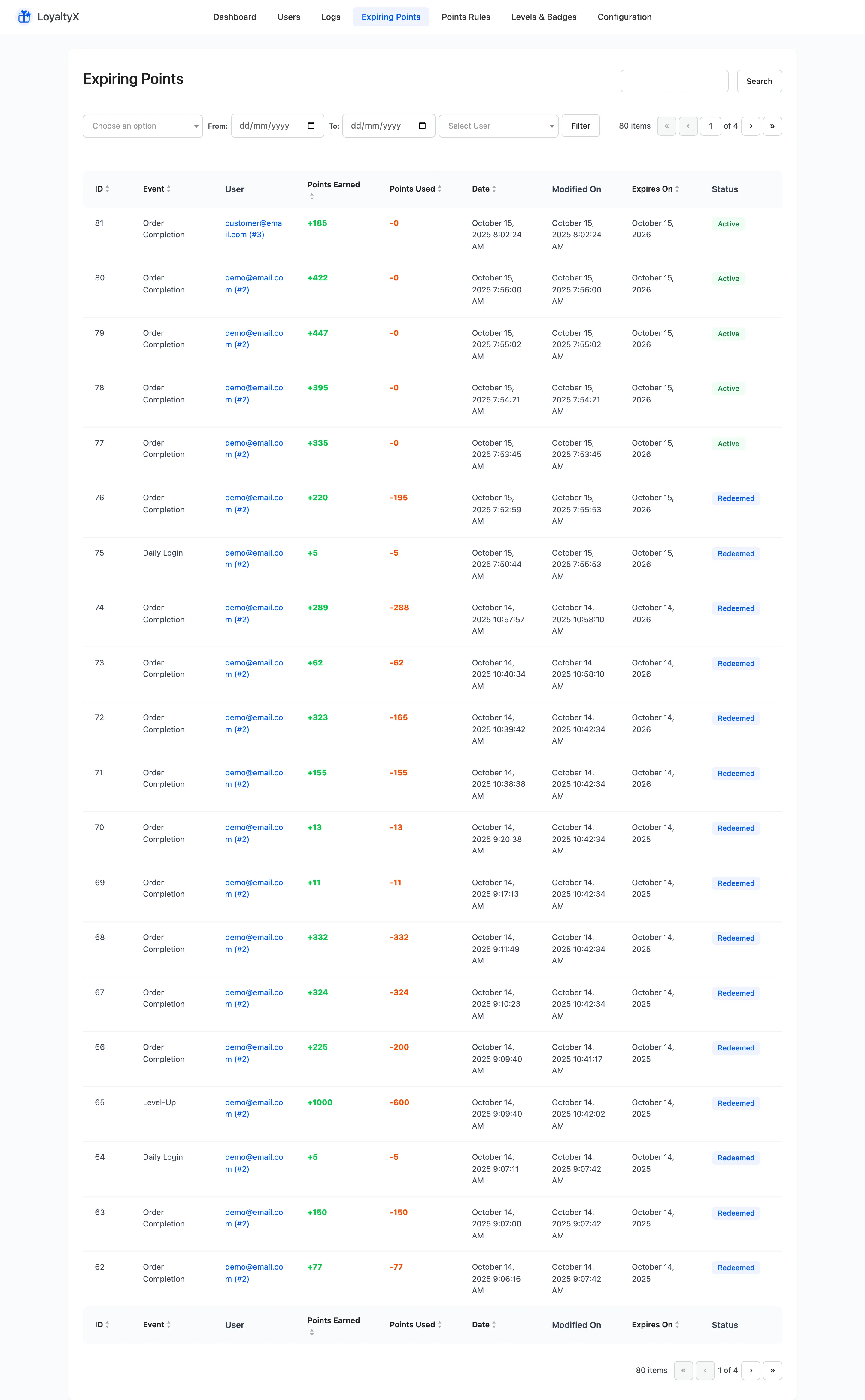 The LoyaltyX Expiring Points tab listing balances due to expire