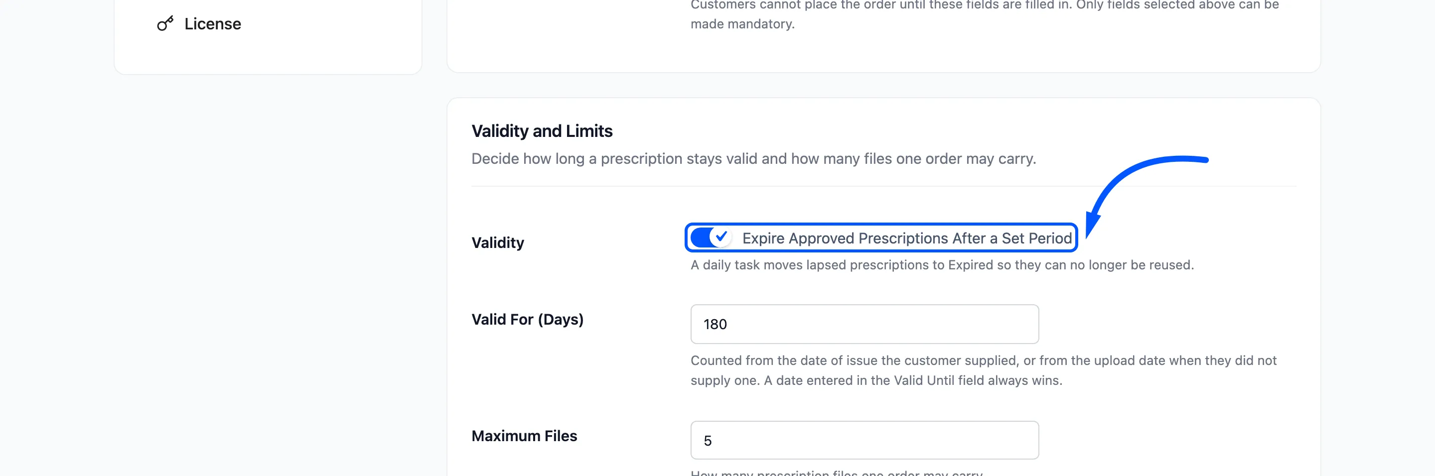 The Validity switch on the Prescription Rules tab