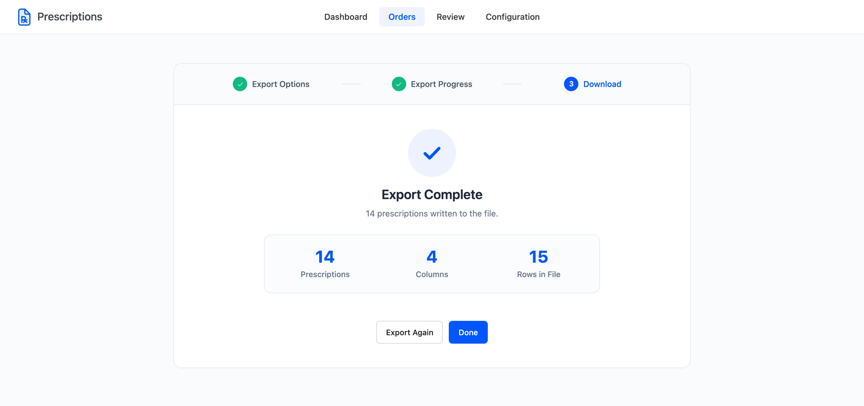 The Export Complete step with the number of prescriptions, columns and rows