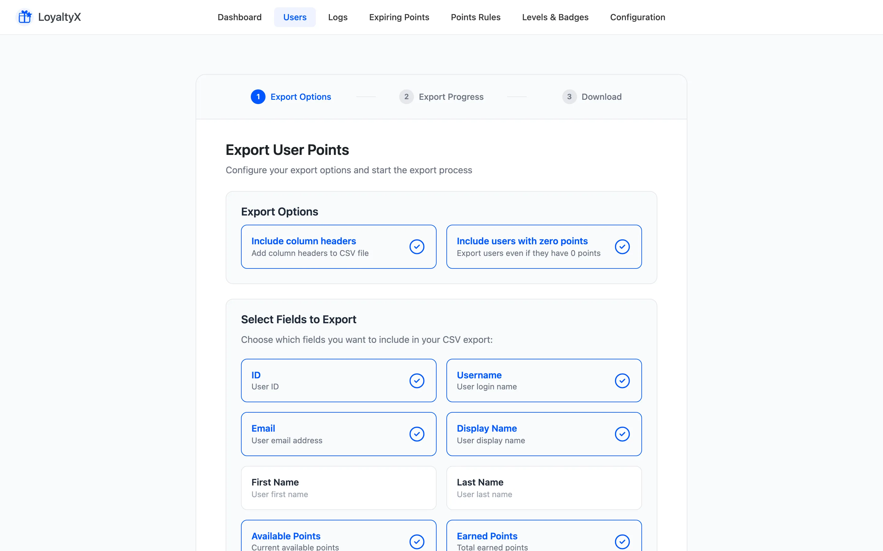 The LoyaltyX Export wizard with export options and the field selection grid