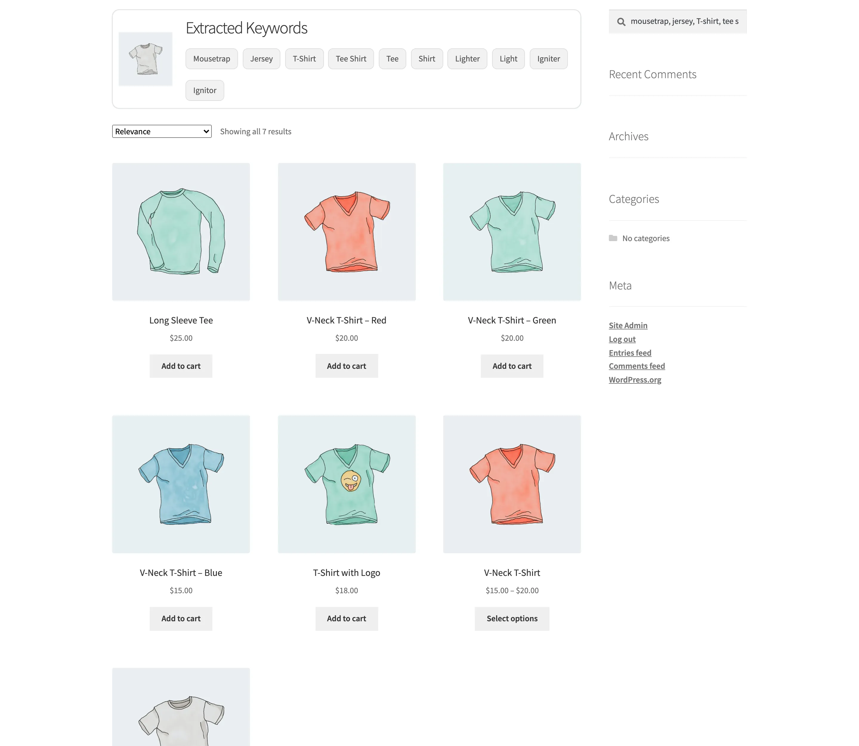 The keywords box above the matching products