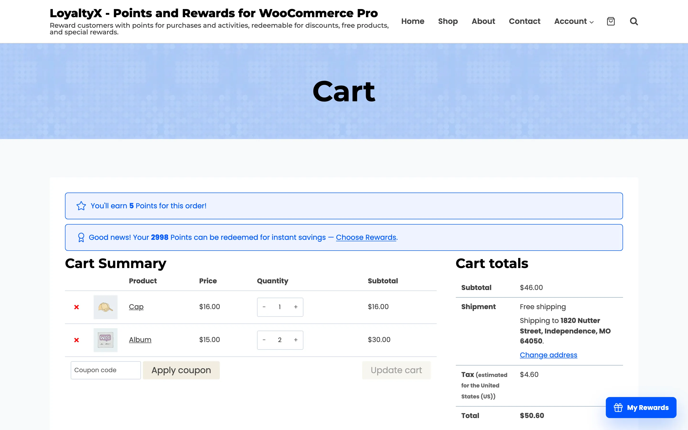 The cart page showing the points this order will earn and a prompt to redeem the customer’s balance