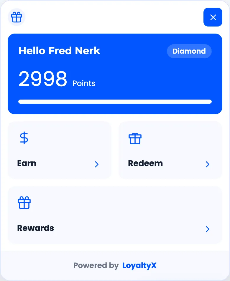 The open LoyaltyX floating rewards widget panel