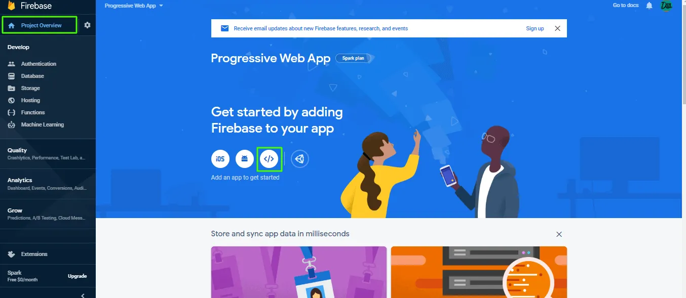 The project overview with the web app icon highlighted