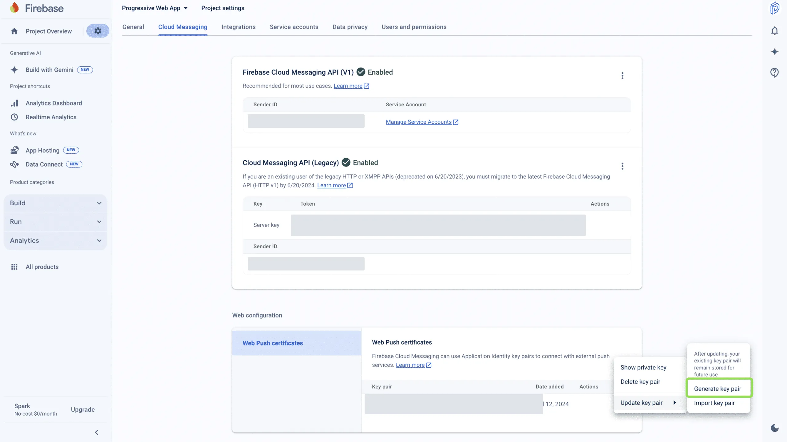 The Cloud Messaging tab, with the Sender ID and the Web Push certificates panel