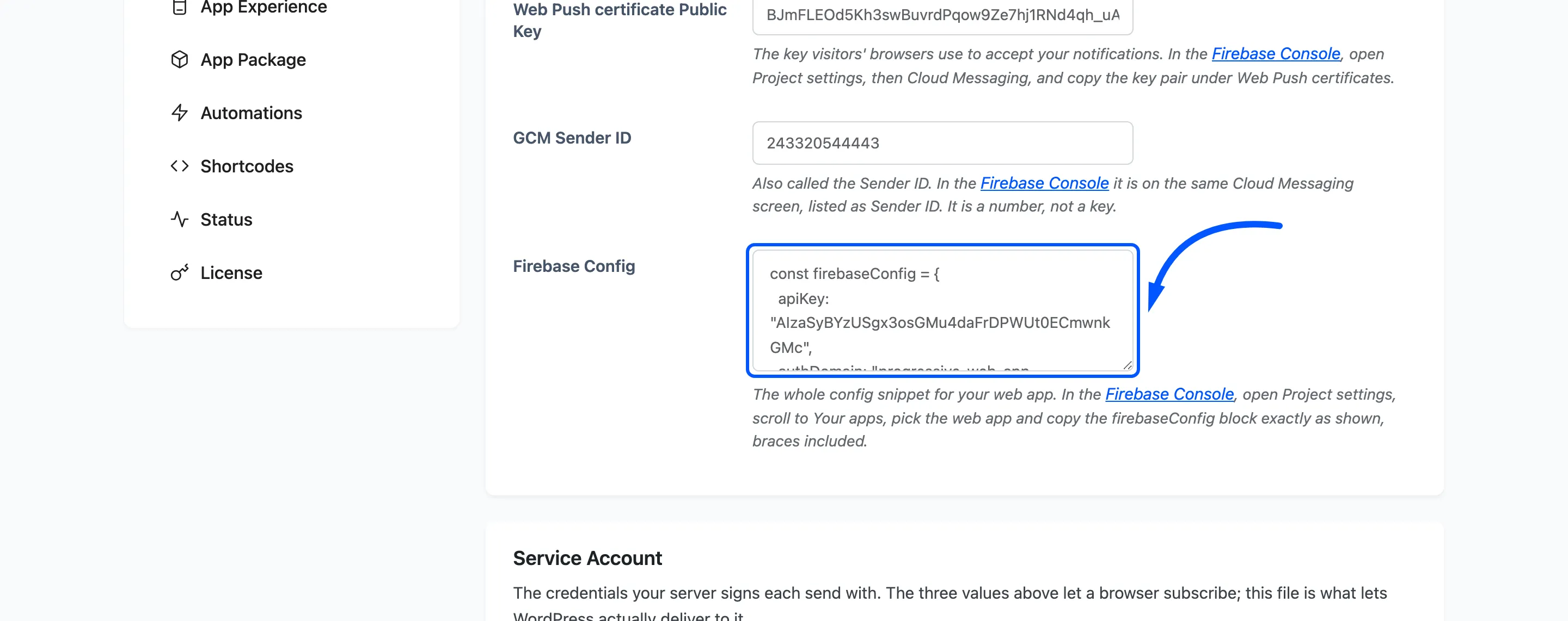 The Firebase Config field