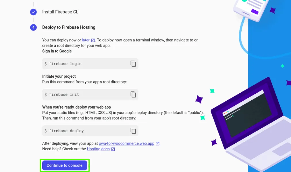 The last step of the web app wizard, with Continue to console highlighted