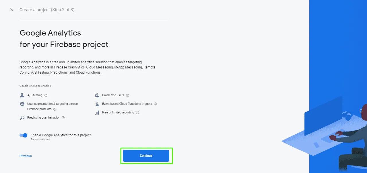 The Google Analytics step of project creation